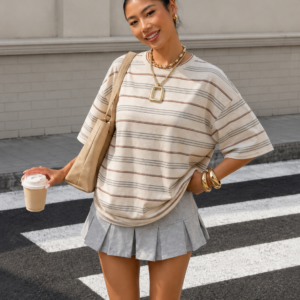 Retro Multicolor Striped Crew Neck Oversized Casual T-Shirt - Image 1