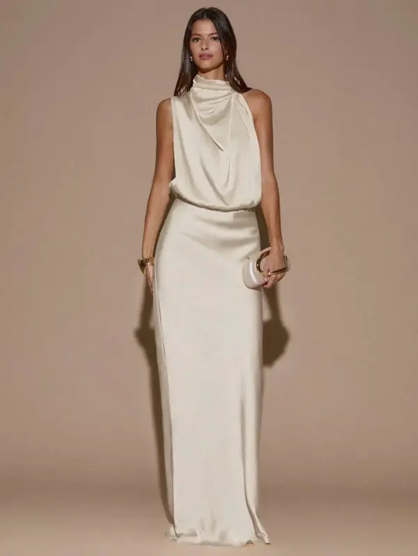 Women's Elegant Asymmetrical Satin Sleeveless Maxi Evening Dress