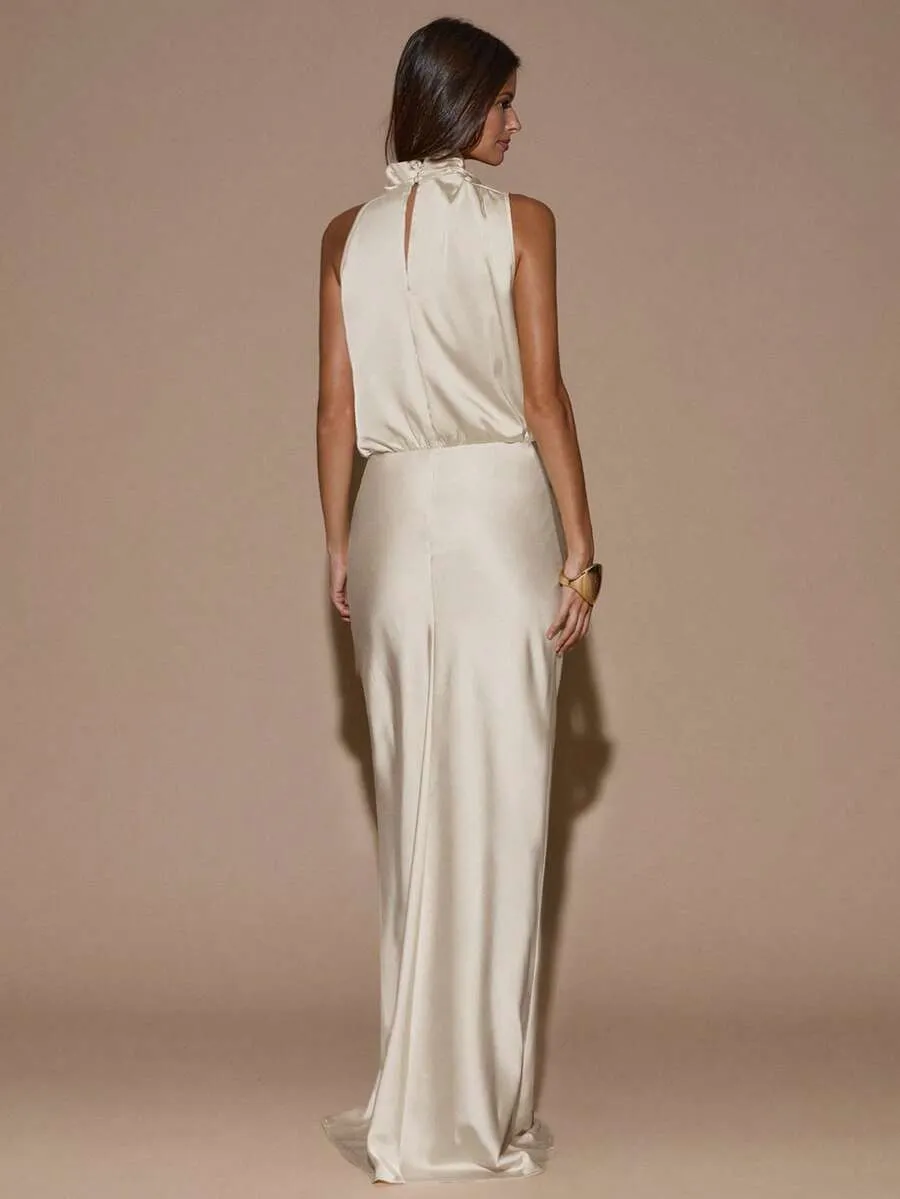 Women's Elegant Asymmetrical Satin Sleeveless Maxi Evening Dress - Image 2