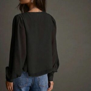 Women's Solid Black V Neck Blouse with Pearl Beads & Ruffle Casual Sleeves - Image 4
