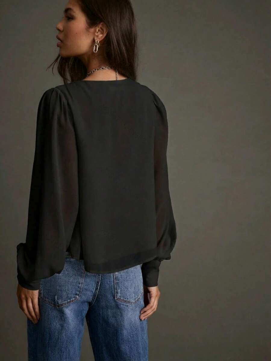 Women's Solid Black V Neck Blouse with Pearl Beads & Ruffle Casual Sleeves - Image 4