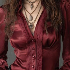 Women's Elegant Dark Red French Style Satin V Neck Blouse With Delicate Lace Trim - Image 2