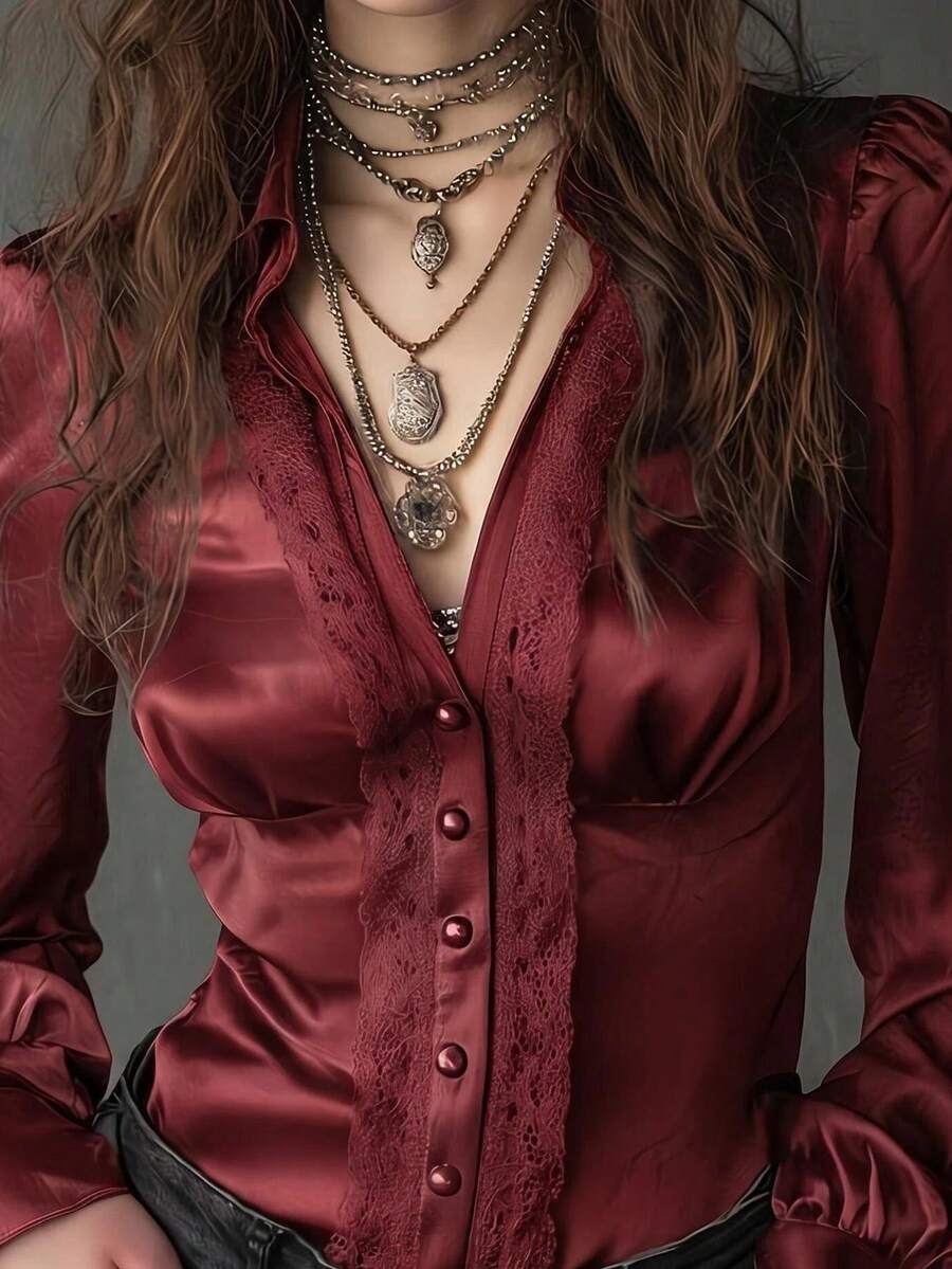 Women's Elegant Dark Red French Style Satin V Neck Blouse With Delicate Lace Trim - Image 2