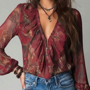 Women's Vintage Dark Red Chiffon Deep V Neck Lantern Long Sleeve Blouse - Image 2