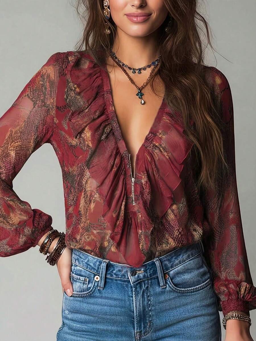 Women's Vintage Dark Red Chiffon Deep V Neck Lantern Long Sleeve Blouse - Image 2