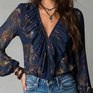 Women's Vintage Navy Blue Chiffon Deep V Neck Lantern Bishop Sleeve Blouse - Image 2