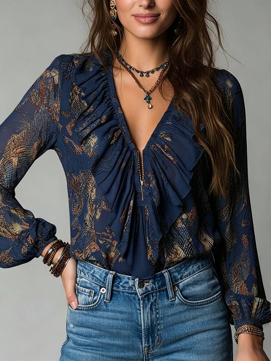 Women's Vintage Navy Blue Chiffon Deep V Neck Lantern Bishop Sleeve Blouse - Image 2