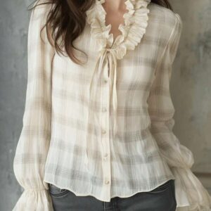 Women's Plaid Print Chiffon Blouse with Knot Front & Ruffle Long Sleeves - Image 1
