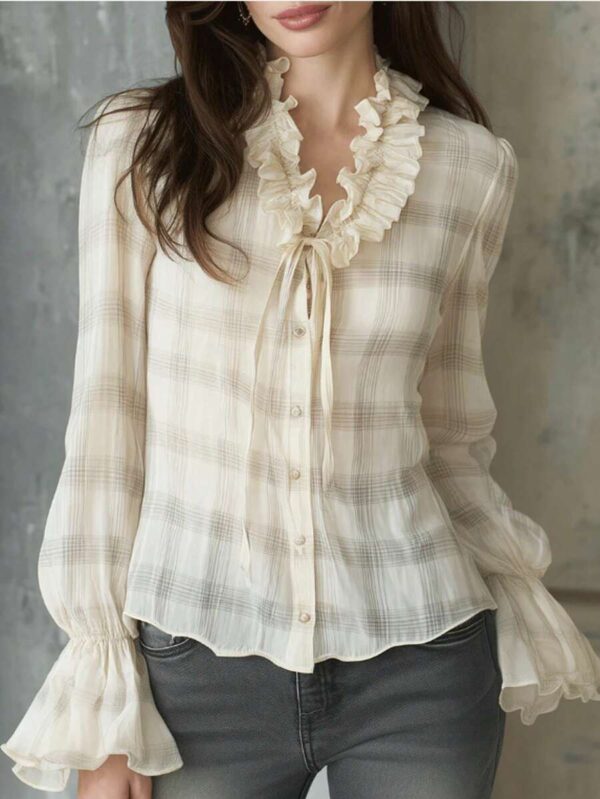 Women's Plaid Print Chiffon Blouse with Knot Front & Ruffle Long Sleeves