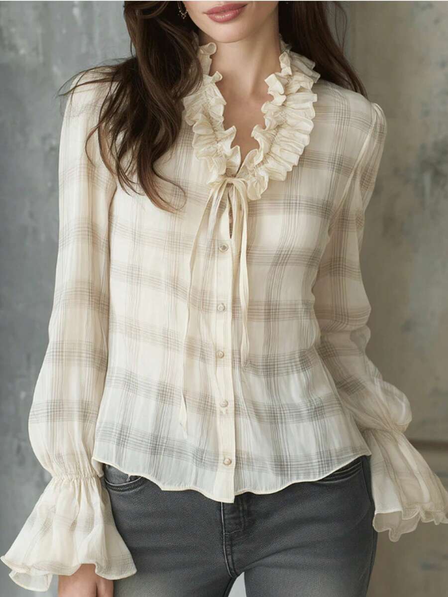 Women's Plaid Print Chiffon Blouse with Knot Front & Ruffle Long Sleeves - Image 1