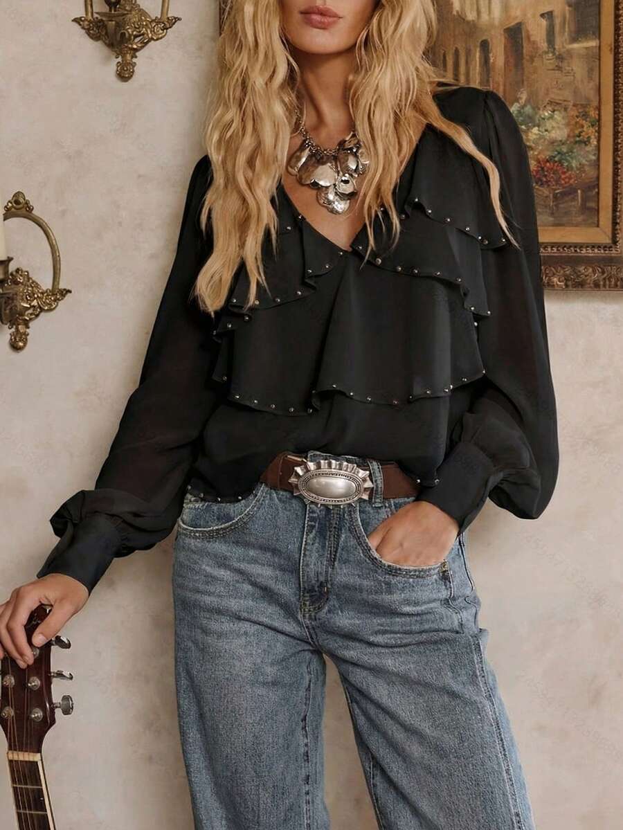Women's Solid Black V Neck Blouse with Pearl Beads & Ruffle Casual Sleeves - Image 2