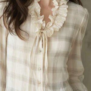 Women's Plaid Print Chiffon Blouse with Knot Front & Ruffle Long Sleeves - Image 2