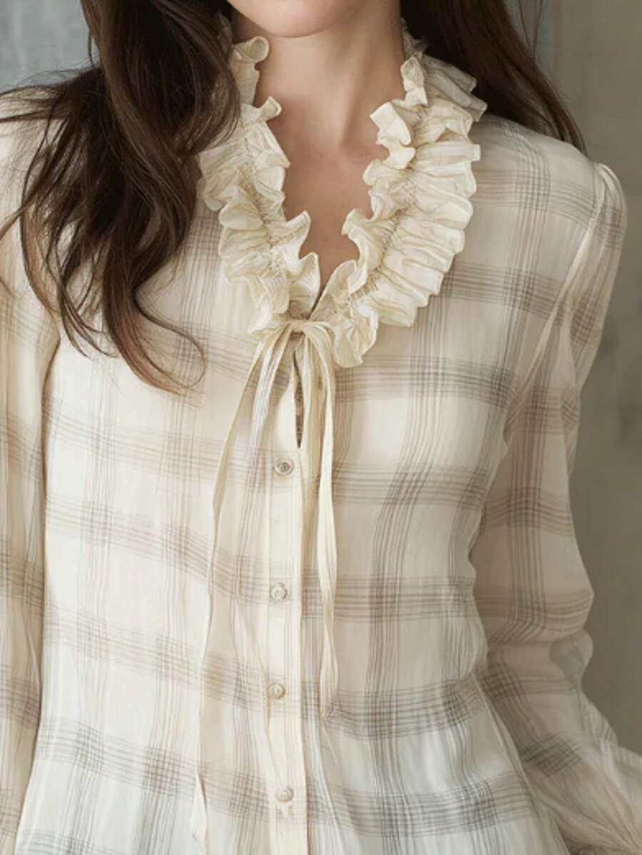 Women's Plaid Print Chiffon Blouse with Knot Front & Ruffle Long Sleeves - Image 2