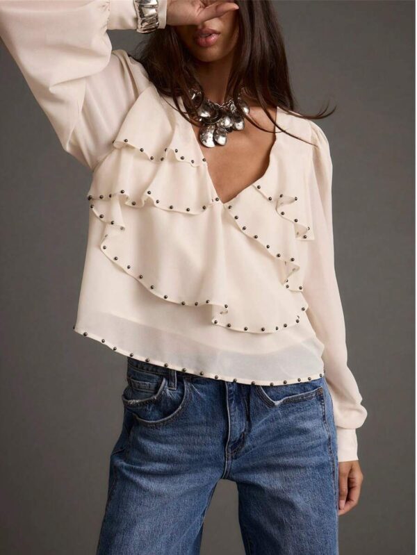 Women's Solid Ivory V Neck Blouse with Pearl Bead Embellishments & Ruffle Long Sleeves