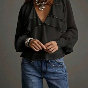 Women's Solid Black V Neck Blouse with Pearl Beads & Ruffle Casual Sleeves - Image 3