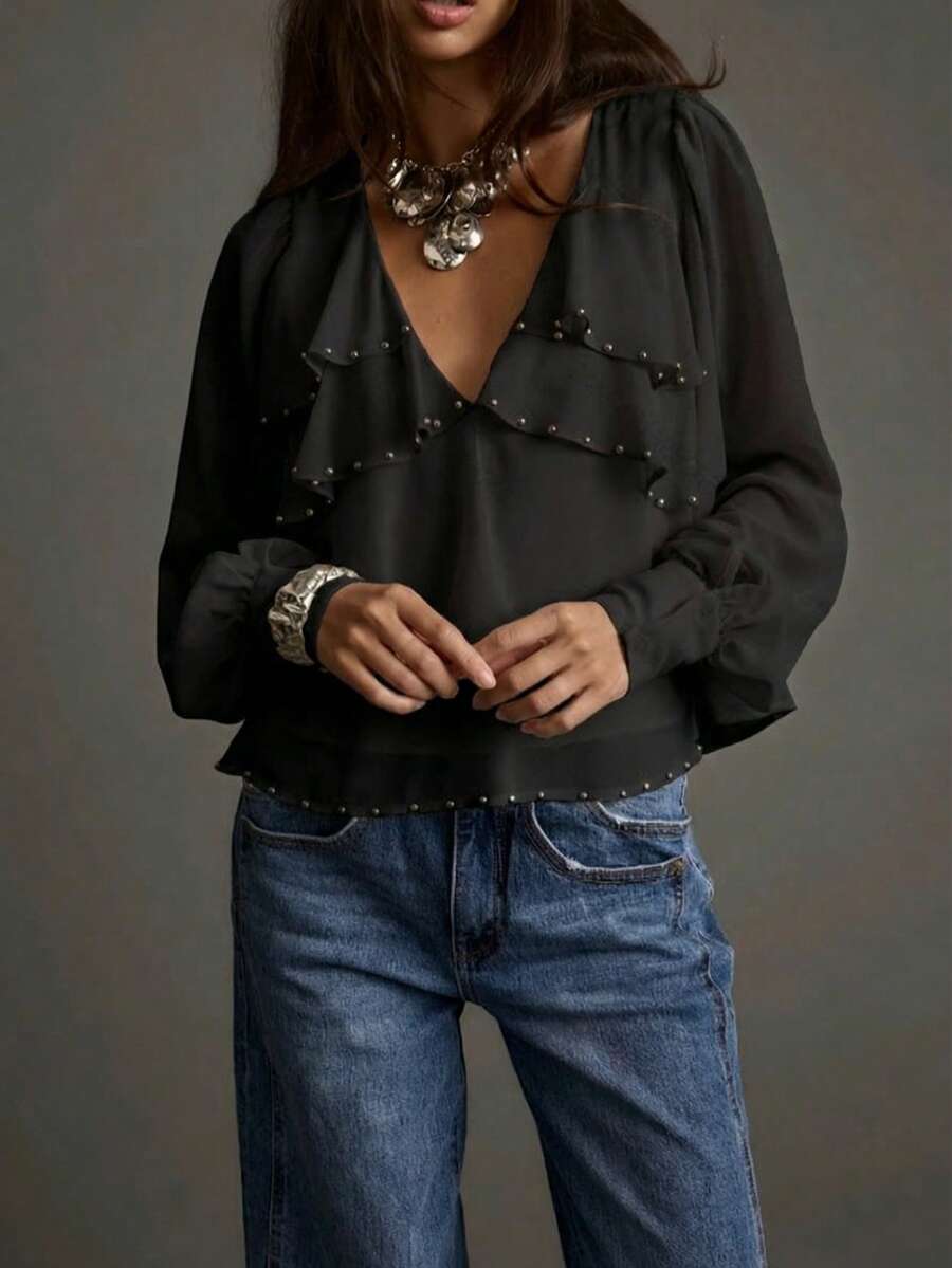 Women's Solid Black V Neck Blouse with Pearl Beads & Ruffle Casual Sleeves - Image 3