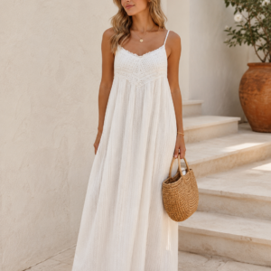 Women’s Boho Maxi Dress with Delicate Adjustable Crochet Spaghetti Straps - Image 1