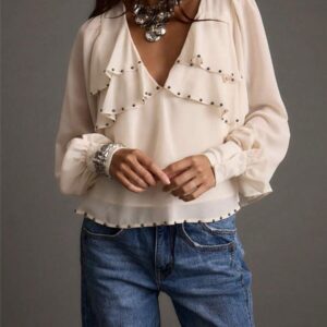 Women's Solid Ivory V Neck Blouse with Pearl Bead Embellishments & Ruffle Long Sleeves - Image 2