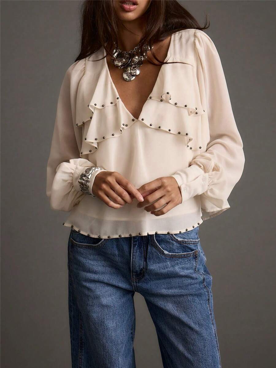 Women's Solid Ivory V Neck Blouse with Pearl Bead Embellishments & Ruffle Long Sleeves - Image 2