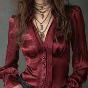 Women's Elegant Dark Red French Style Satin V Neck Blouse With Delicate Lace Trim - Image 1