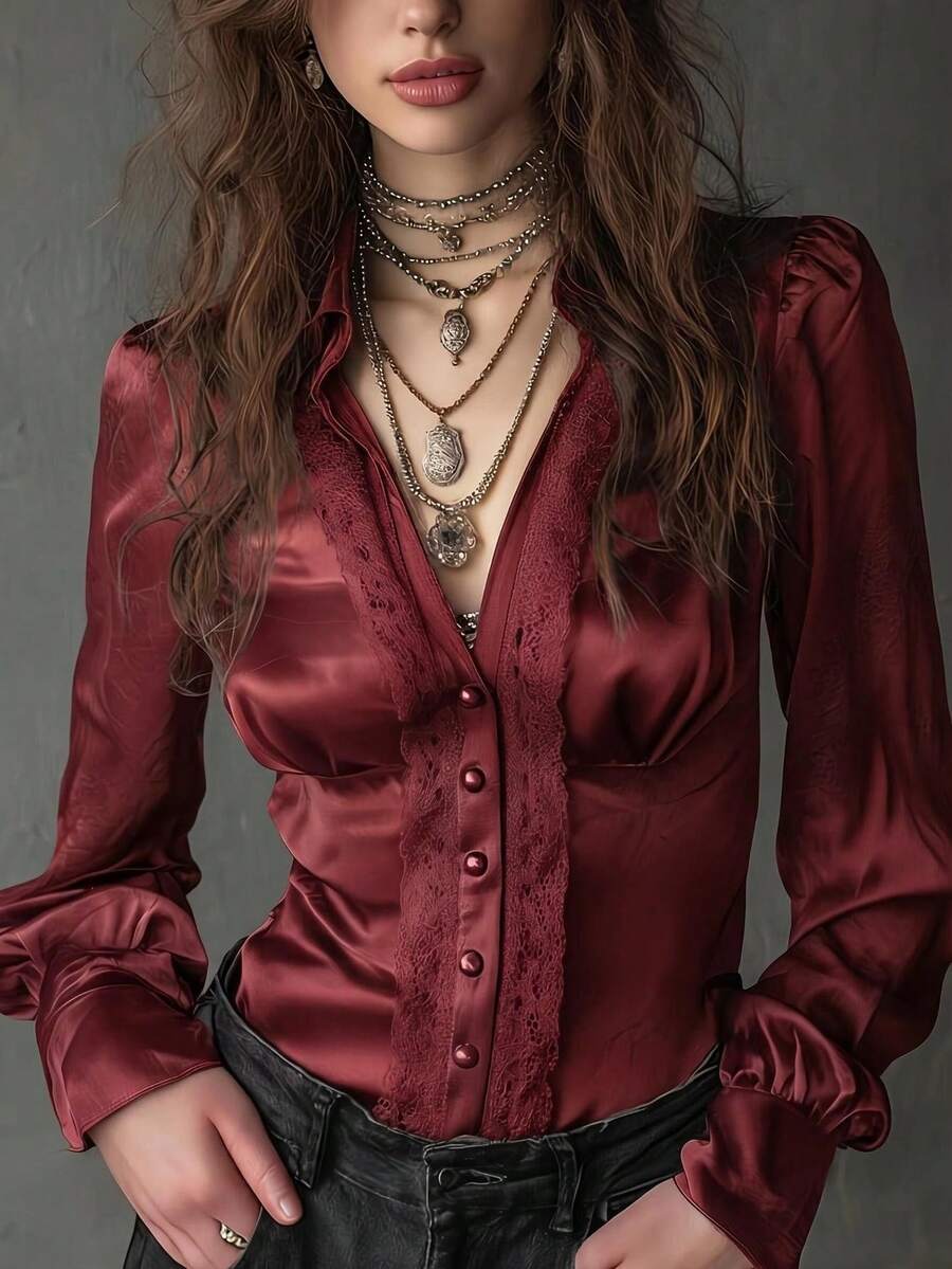 Women's Elegant Dark Red French Style Satin V Neck Blouse With Delicate Lace Trim - Image 1