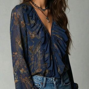 Women's Vintage Navy Blue Chiffon Deep V Neck Lantern Bishop Sleeve Blouse - Image 1