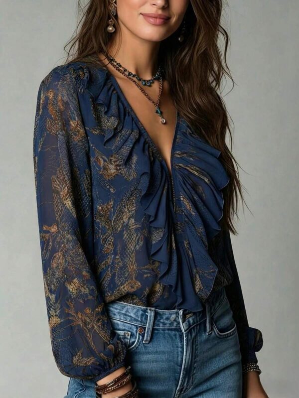 Women's Vintage Navy Blue Chiffon Deep V Neck Lantern Bishop Sleeve Blouse