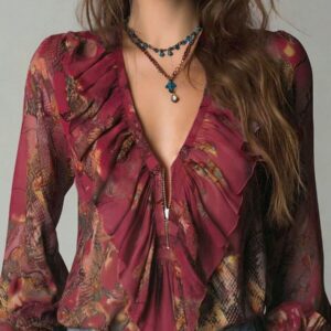 Women's Vintage Dark Red Chiffon Deep V Neck Lantern Long Sleeve Blouse - Image 1