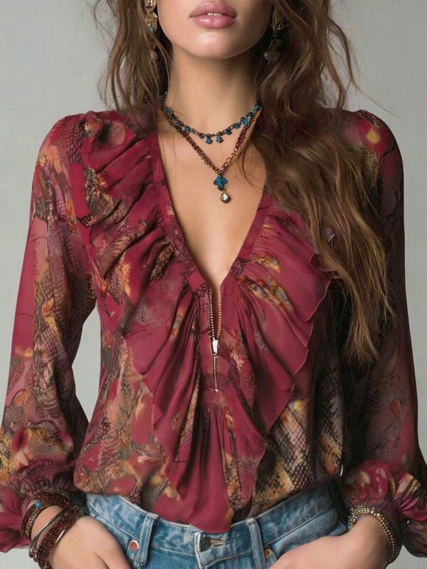 Women's Vintage Dark Red Chiffon Deep V Neck Lantern Long Sleeve Blouse