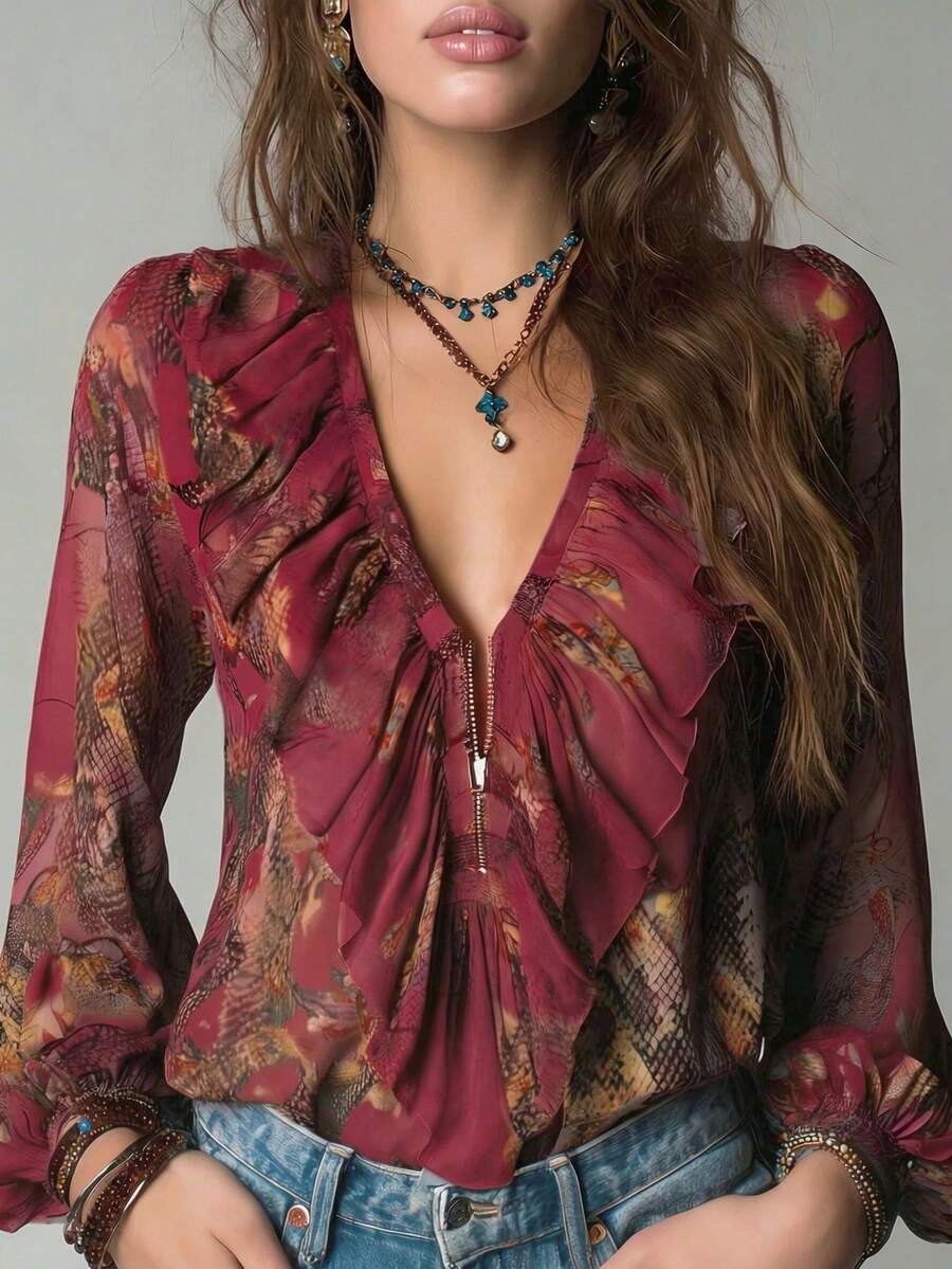 Women's Vintage Dark Red Chiffon Deep V Neck Lantern Long Sleeve Blouse - Image 1