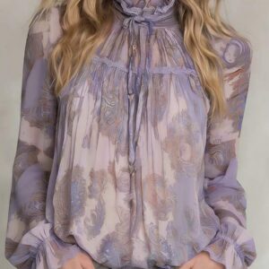 Women's Vintage Purple Floral Print Tie Neck Flowy Chiffon Blouse - Image 1