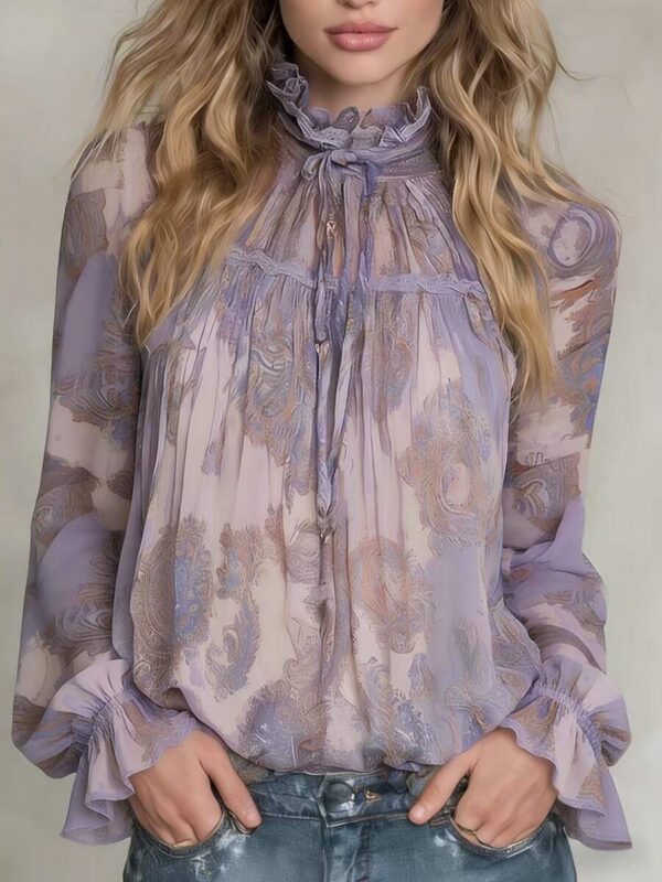 Women's Vintage Purple Floral Print Tie Neck Flowy Chiffon Blouse